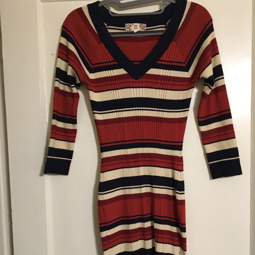 Orange, navy blue, cream winter dress